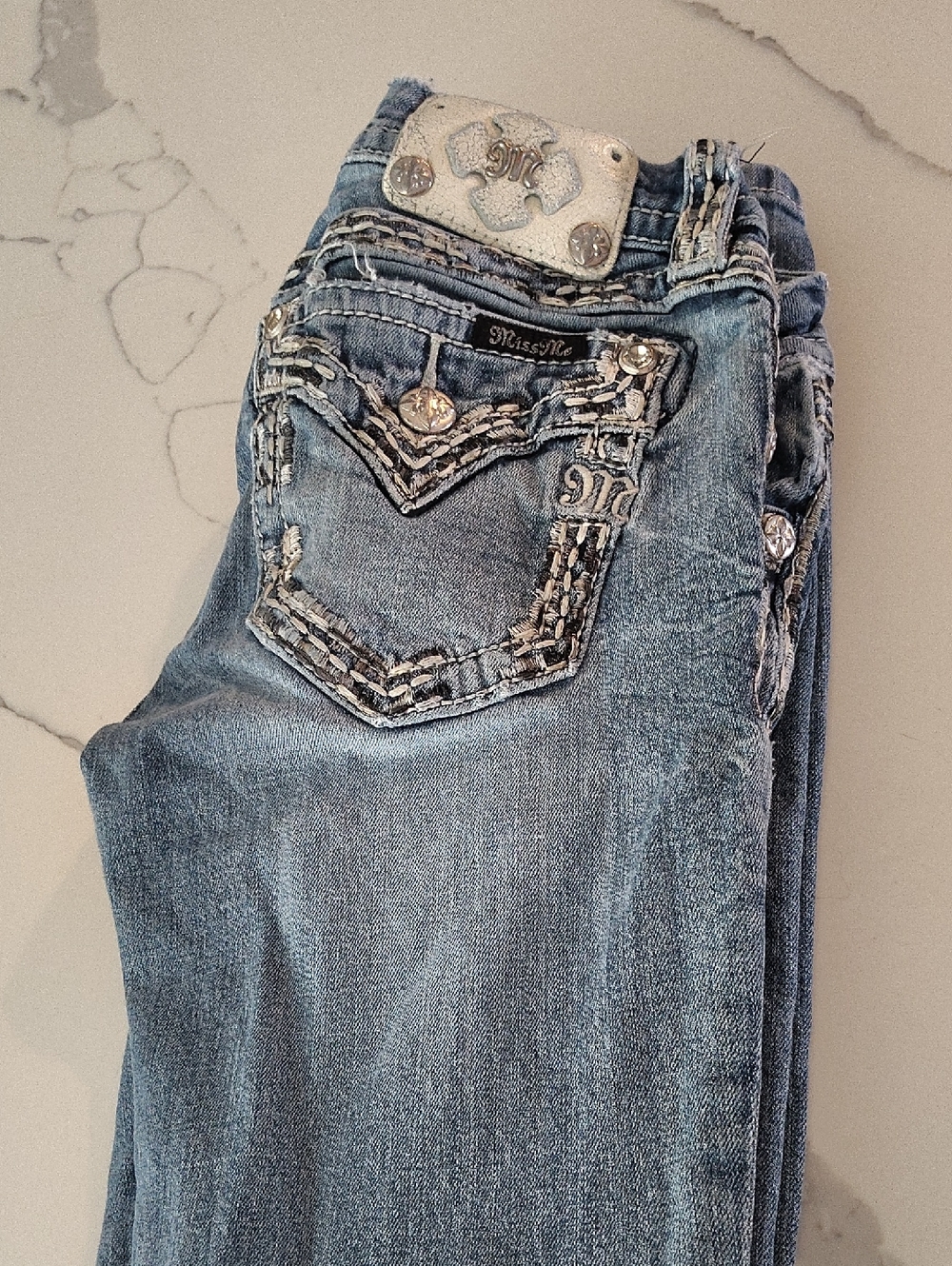 Miss Me Blue Skinny Jeans with Embroidered Rhinestone Pockets